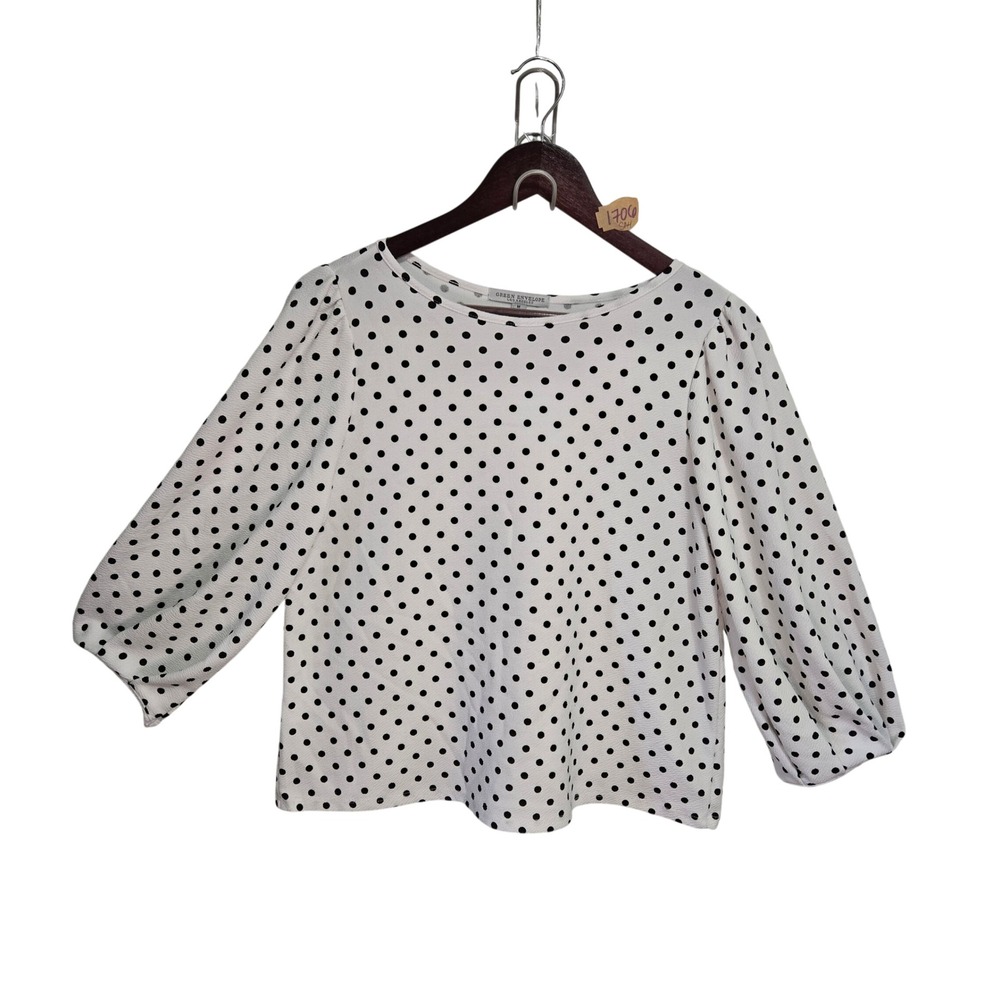 Green Envelope Polka Dot Puff Sleeve Blouse White Black Medium
